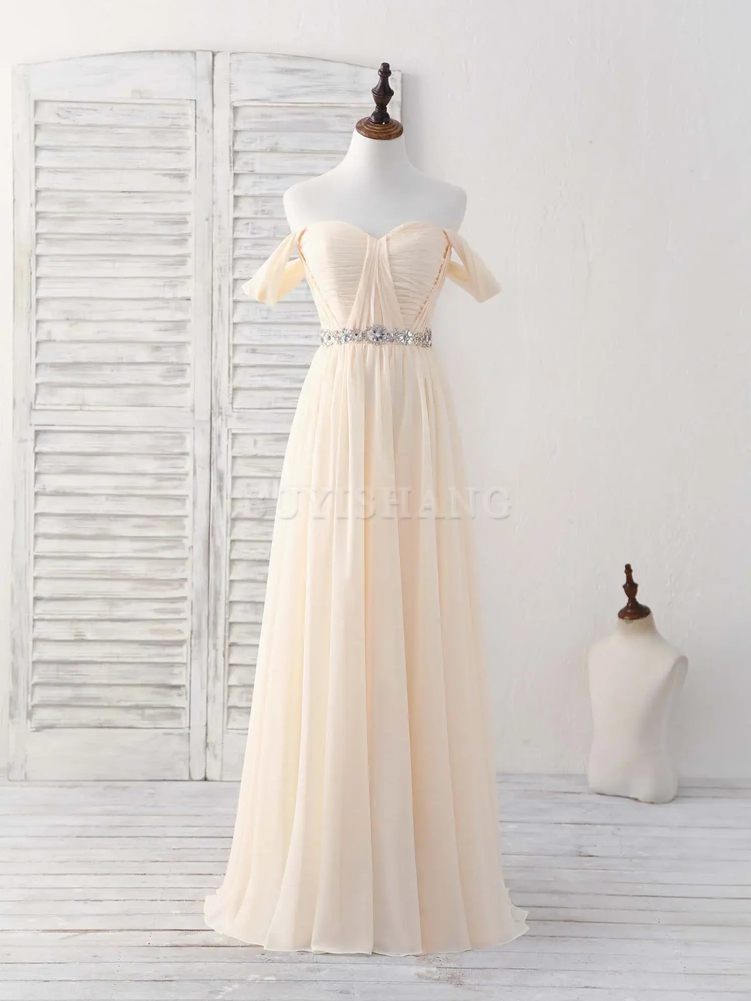 Buyishang Champagne Chiffon Off Shoulder Long Prom Dress Bridesmaid Dress Bridesmaid dress shop